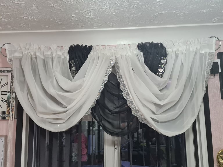 image for White & Black Jewelled Voile Swags With Sequin Gem Trim.