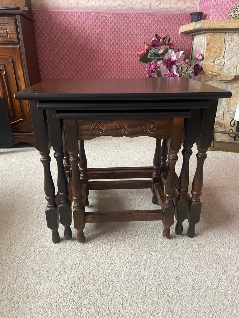 Vintage nest of 3 tables Dark wood Heavy tables on runners