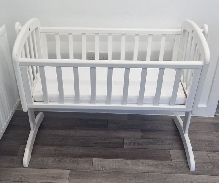 White Birch John Lewis Anna Swinging Crib Newborn Baby Wooden Cot + Mattress + Sheets