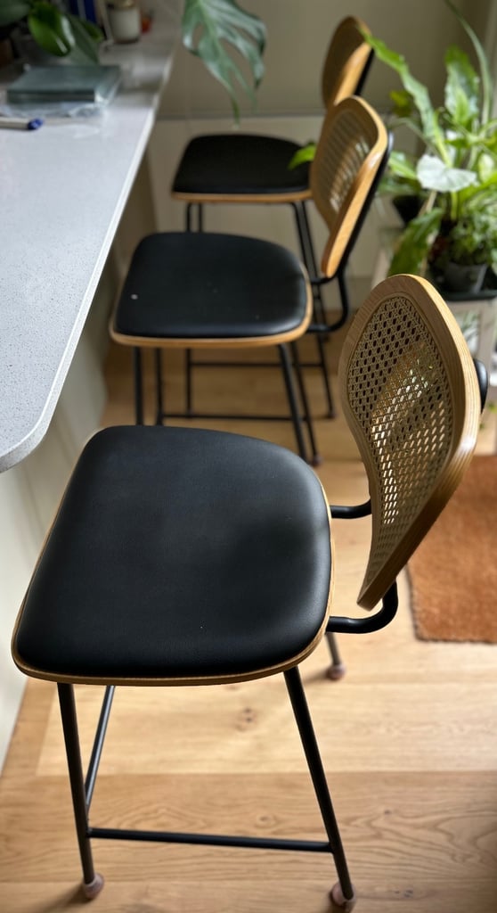 image for Single comfortable bar stool, black seat, cane back, footrest 