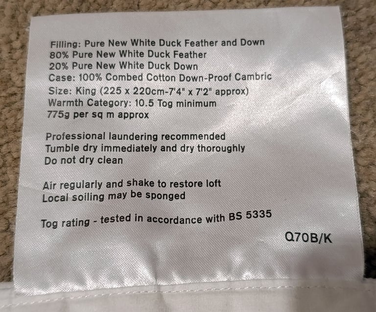 King size duck feather and down quilt duvet by John Lewis : Min 10.5 tog