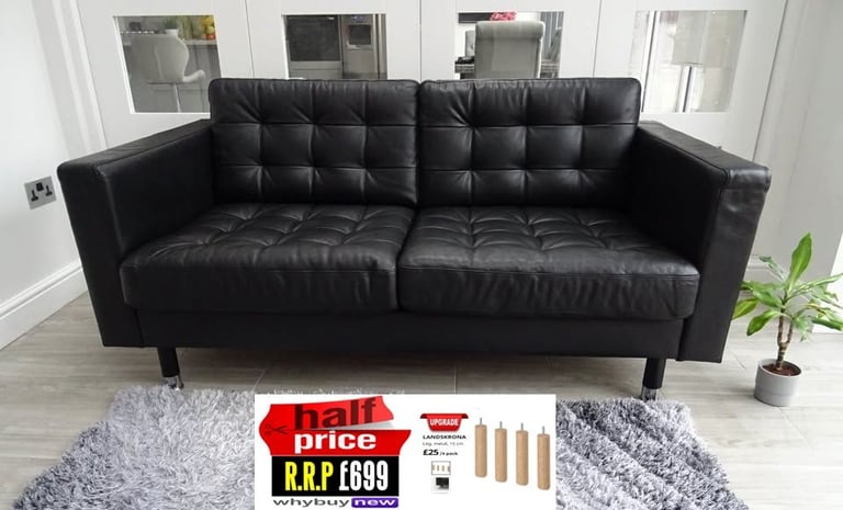 image for RRP:£699 IKEA LANDSKRONA BLACK TWO SEATER LEATHER SOFA LONDON DELIVERY (OFFICE DFS CHESTERFIELD)