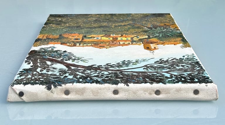 VINTAGE FRENCH OIL PAINTING, OIL ON CANVAS VILLAGE IN PROVENCE, SIGNED - 35x22cm - WILL POST!