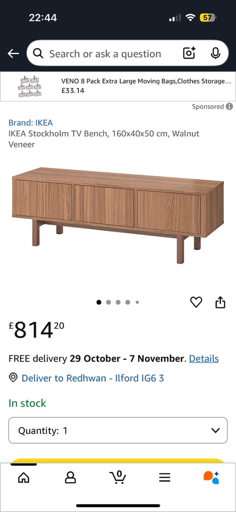 image for IKEA Multimedia Stockholm TV Stand Bench Walnut Veneer Up & Over Doors