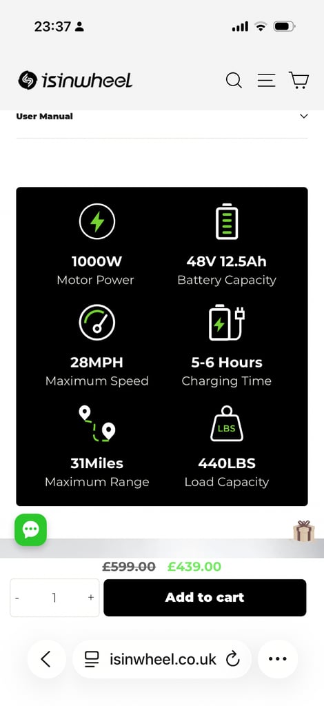 Electric scooter, isinwheel m2 28mph 1000 watt
