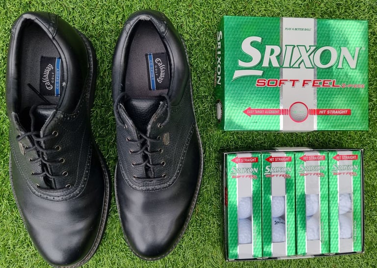 TAYLOR MADE, CALLAWAY, TITLEIST - NEW LYNX trolley bag, NEW CALLAWAY shoes & NEW SRIXON balls