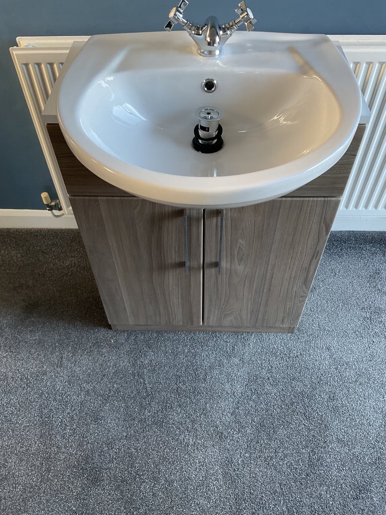 Dark Elm &white 600mm slimline vanity with semi recessed basin, mixer & waste