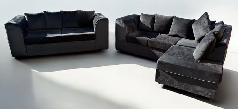 image for Black Plush Velvet Corner Sofa Three Seater Sofa