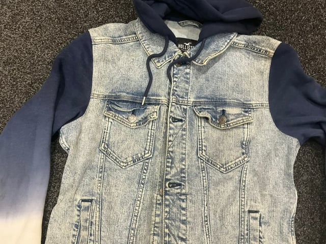 Hollister logo hooded denim on sale jacket