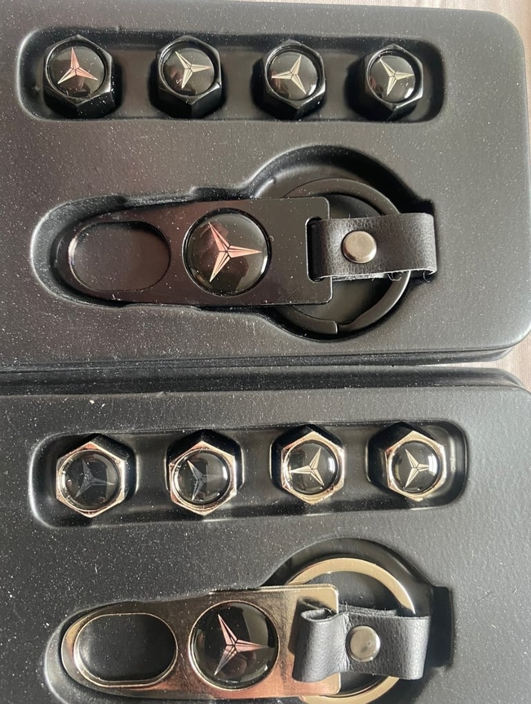 image for Keyring + alloy wheel tyre valve dust caps Audi bmw Mercedes vw golf r ford mini Range Rover etc