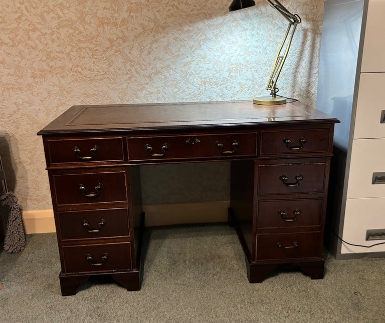 Reproduction Vintage mahogany Wood & Leather Twin Pedestal Office Desk