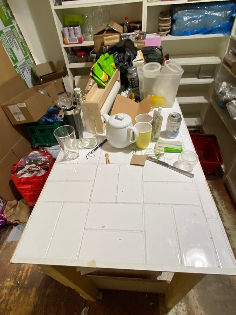 Handmade wooden and tile table worktop for workshop