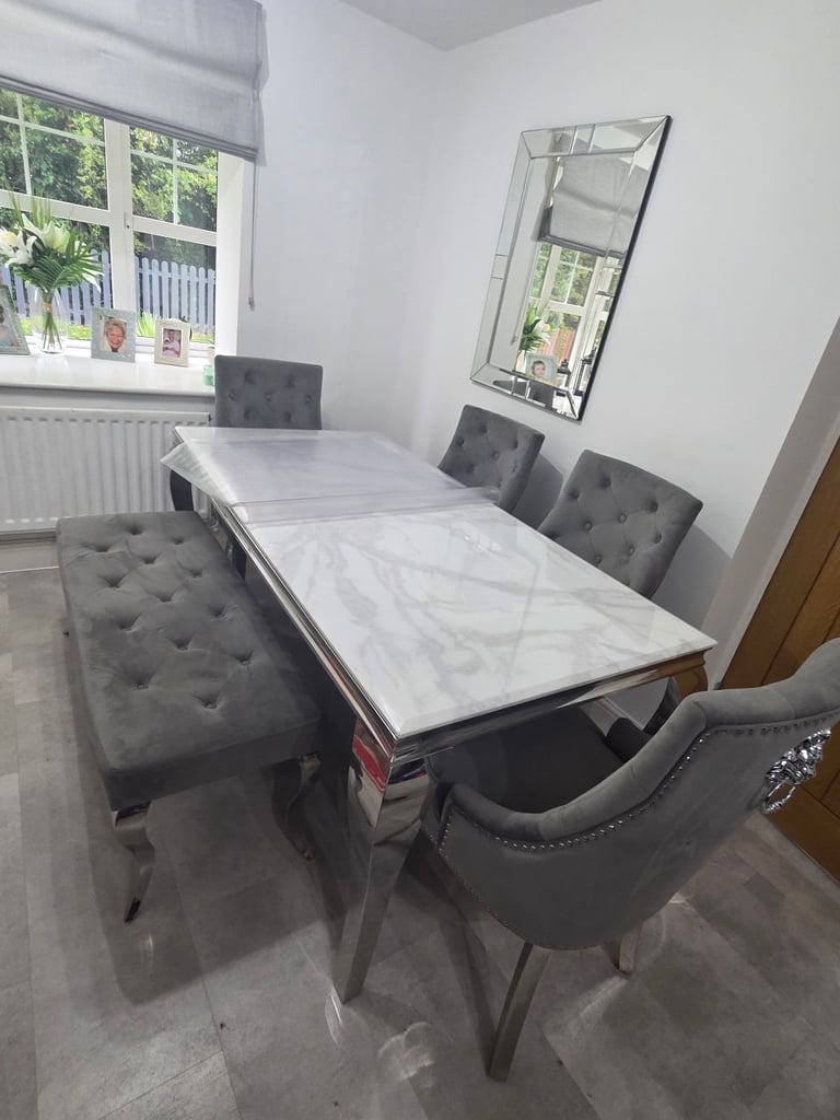 Louis Marble Dining Table + 4 Lion Knocker Chairs + Bench