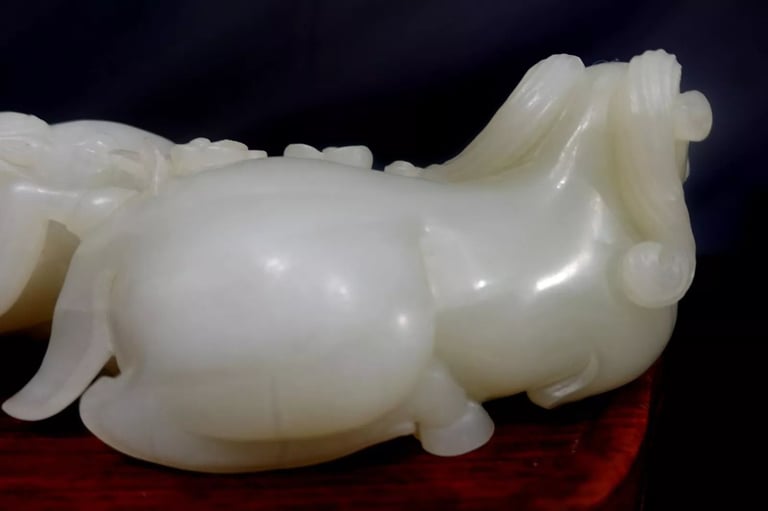 Antique Large & Heavy Chinese Hetain White/G Jade Carved Group "3 Rams" 19th C