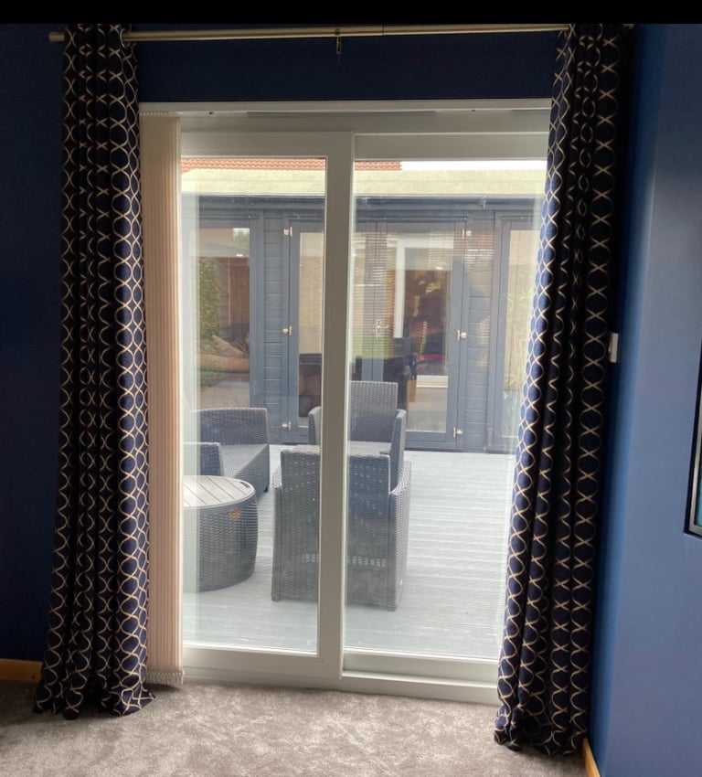 image for Dunelm Navy Blue & Gold Geometric Eyelet Lined Curtains - W 168cm x L 228cm