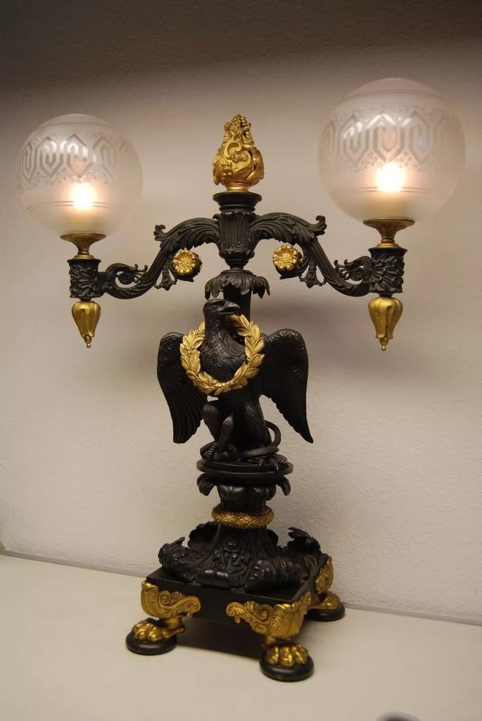 ANTIQUE FRENCH EMPIRE CAST BRONZE IMPERIAL EAGLE GAS LIGHT NEWEL POST GILT LAMP