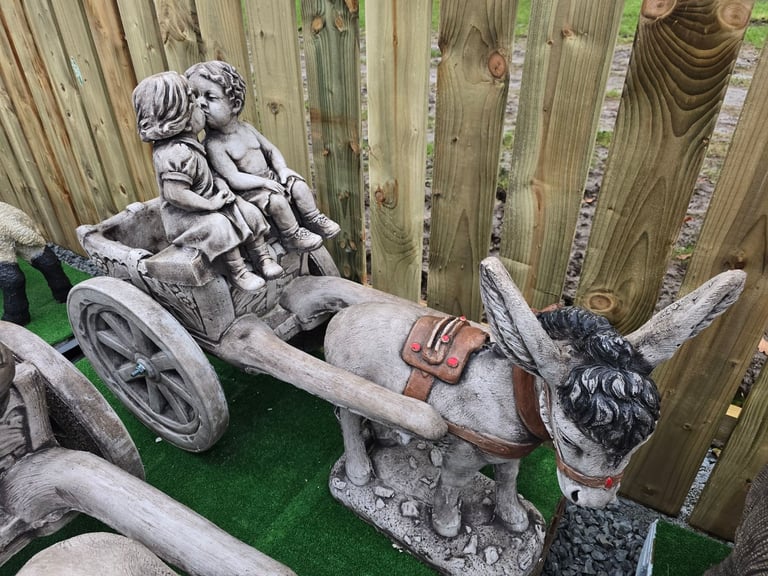 stone donkey & cart garden ornament