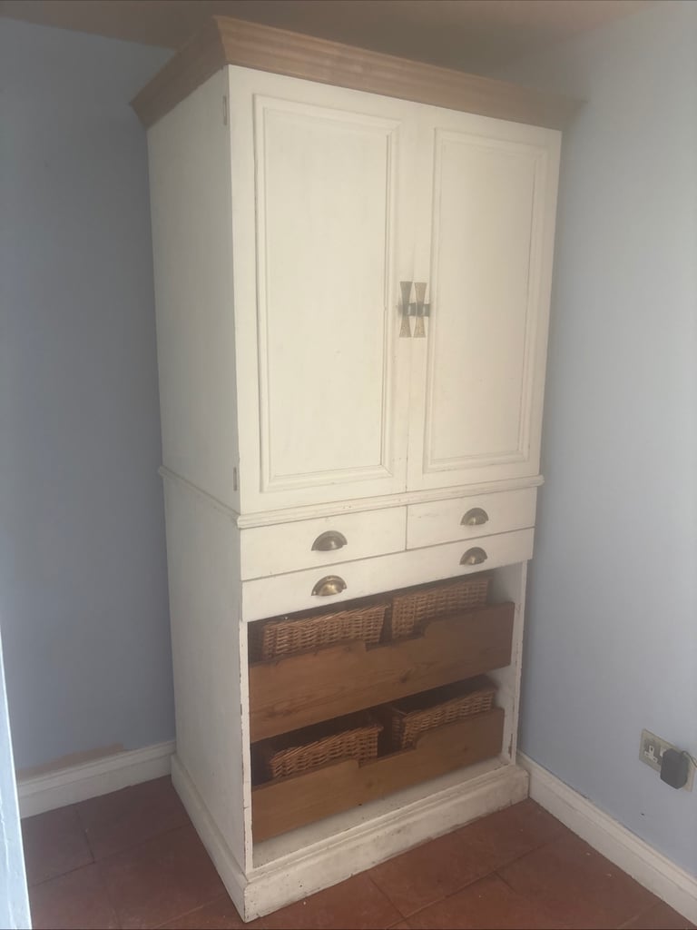 Hand built pine larder cupboard with marble shelf and basket drawers