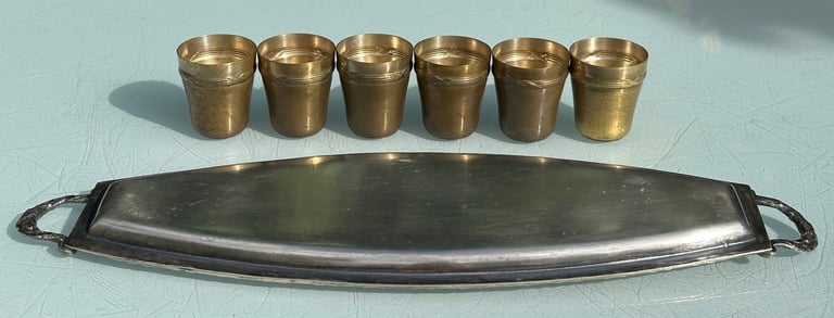 ANTIQUE FRENCH HUNTING SHOT CUP SET OF SIX STIRRUP CUPS & TRAY - 1900s - WILL POST!