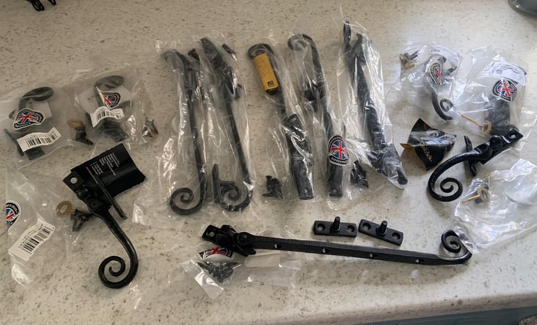 image for Ironmongery Kirkpatrick black iron window casement stays & lockable handles Monkey Tails  RRP £330