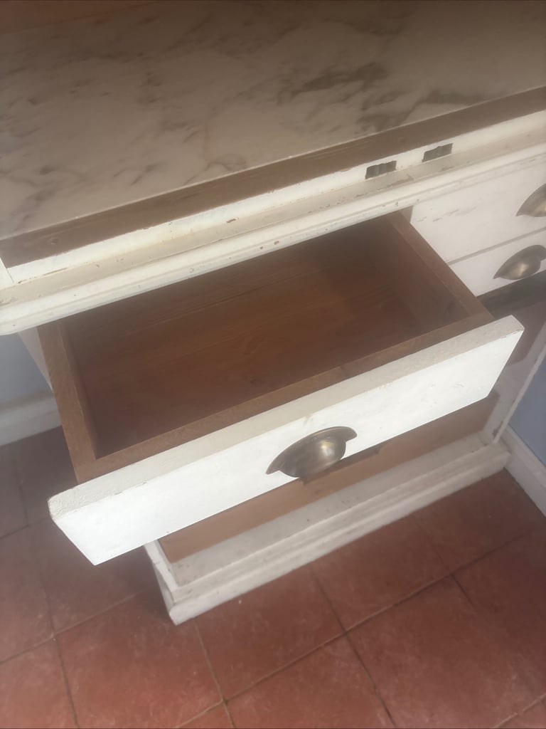 Hand built pine larder cupboard with marble shelf and basket drawers
