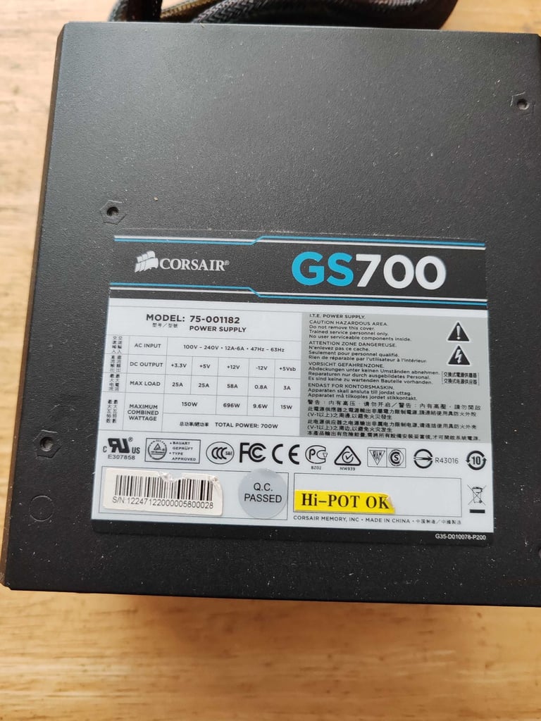 image for Corsair GS700 700w Gaming Power Supply. Model number 75-001182 80 Plus