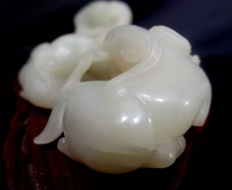 Antique Large & Heavy Chinese Hetain White/G Jade Carved Group "3 Rams" 19th C
