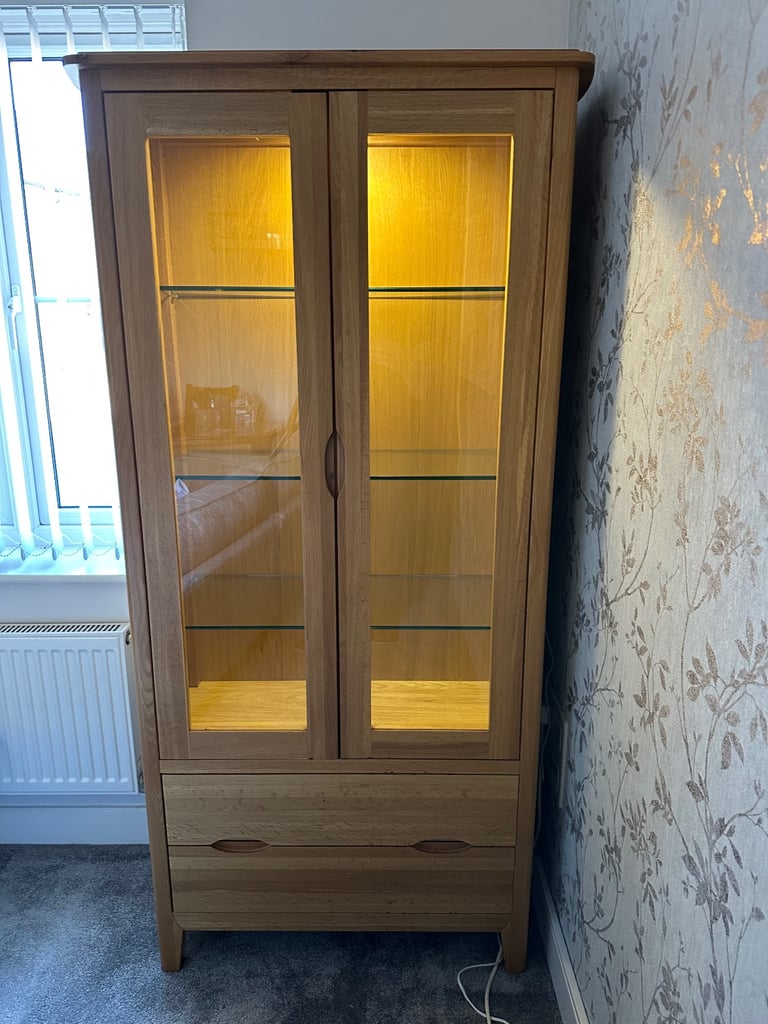 image for Solid Oak Display Cabinet with glass shelves and lighting