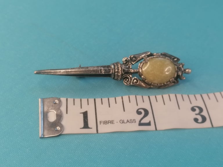 Vintage MIRACLE Celtic Scottish Staff Light green, marbled white stone Brooch Pin.