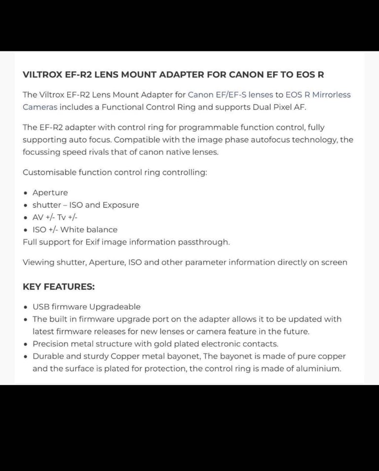 CANON EF-R2 VILTROX CONTROL RING, FIT EF LENSES TO EOS “R”.   REDUCED 