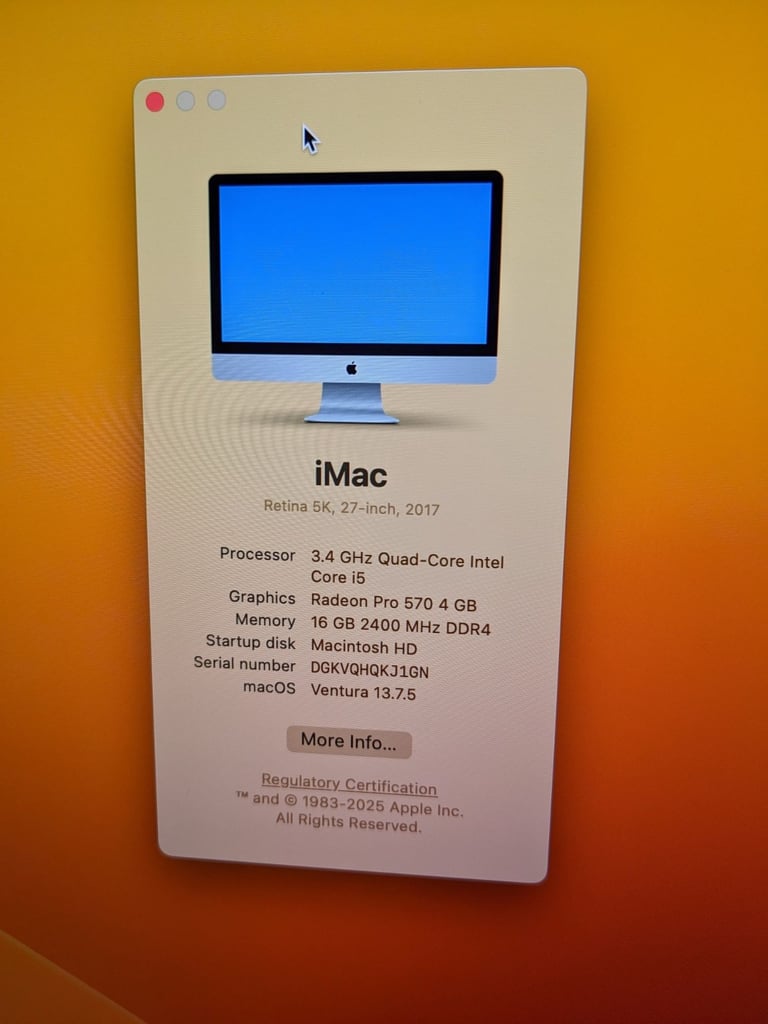 iMac 18,3/27in 5K Retina/40GB Ram+512GB SSD/GPU Pro570 4GB/CPU i5 3.4G Quad-Core