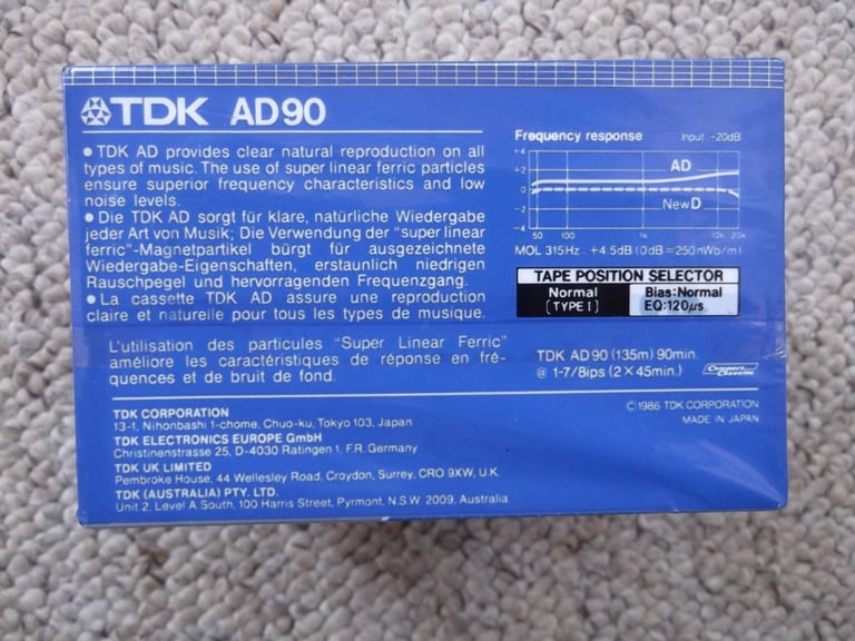 New/sealed TDK AD Superferric audiocassettes - pack of 5 TDK AD 90 from 1986 - 90-minute Type I
