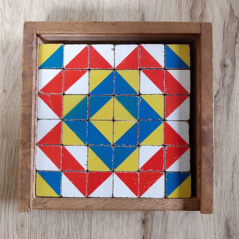 image for Vintage Wurfel Mosaik Mosaic 36 piece Wooden Puzzle Game from Germany + Wooden Box with lid