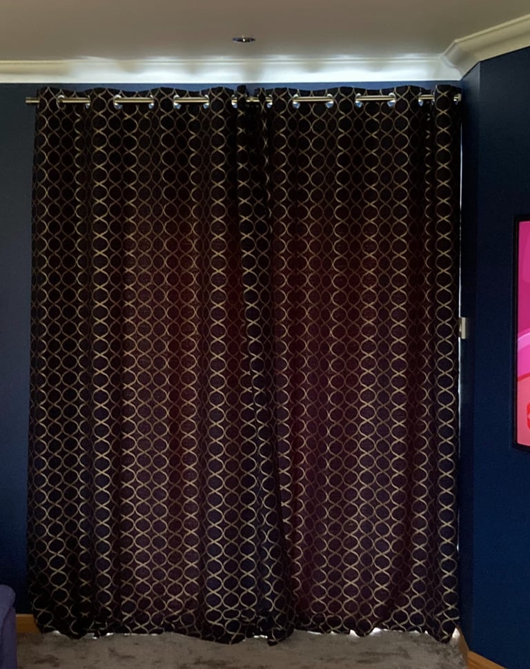 Dunelm Navy Blue & Gold Geometric Eyelet Lined Curtains - W 168cm x L 228cm