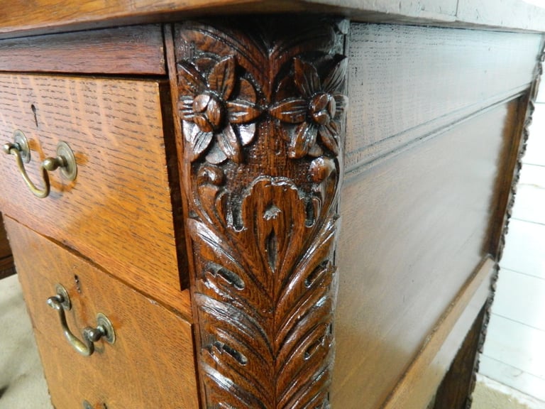 Solid Oak Heavily Carved Pedestal desk