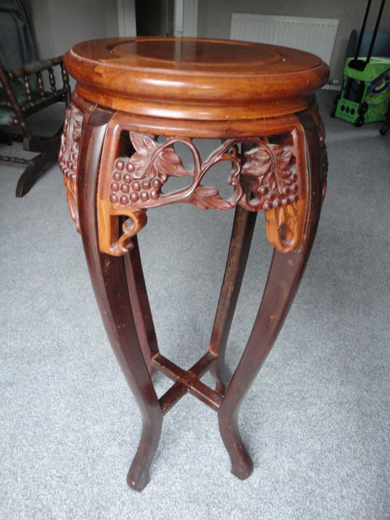 Asian hardwood chinoiserie, hand carved plant pot pedestal table, round wooden top