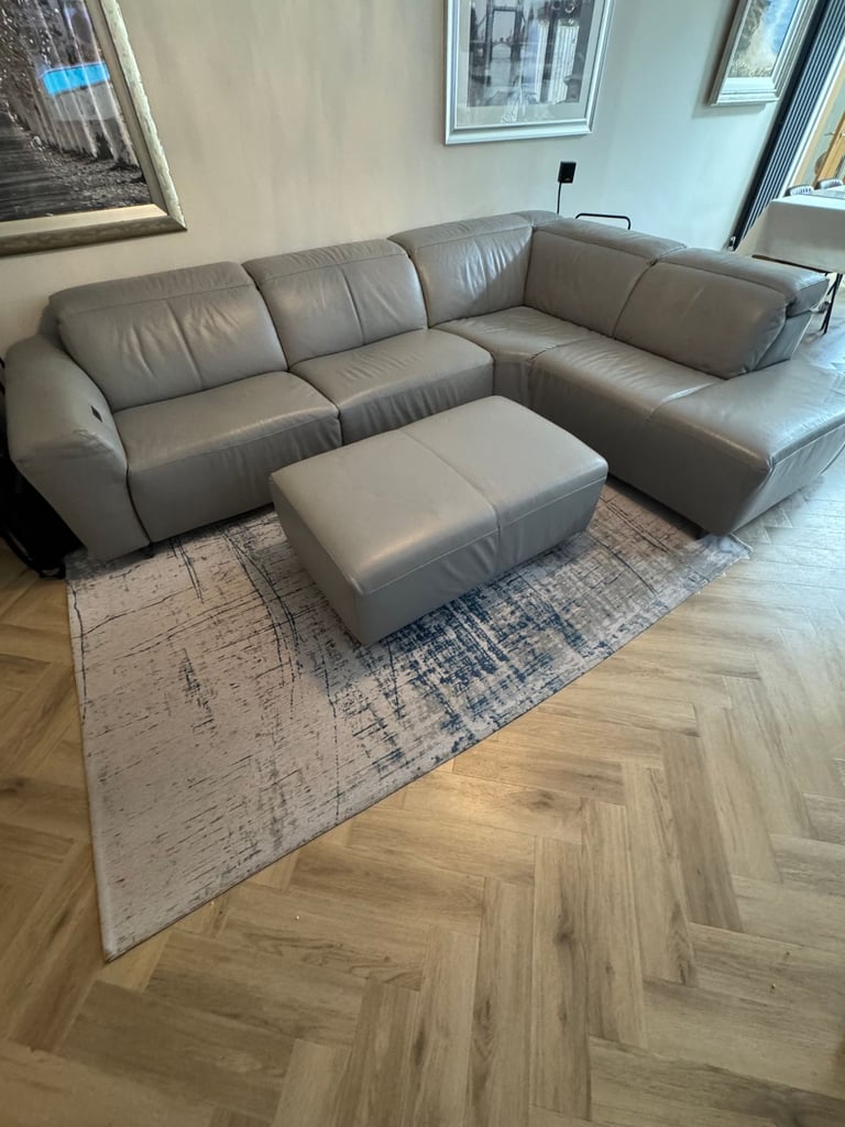 Corner sofa, light grey soft leather recliner & footstool, electrical adjustable head & leg rests