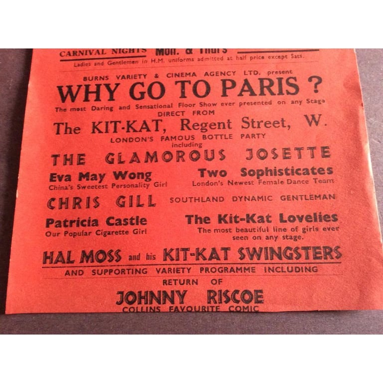 Collins Music Hall Handbill Vintage 1940