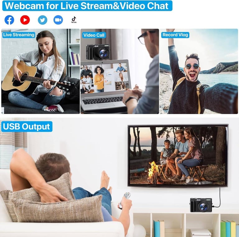 Digital Camera 4K Autofocus Digital Zoom Photo 3 Inch 180° Flip LCD Scree for Beginners Children