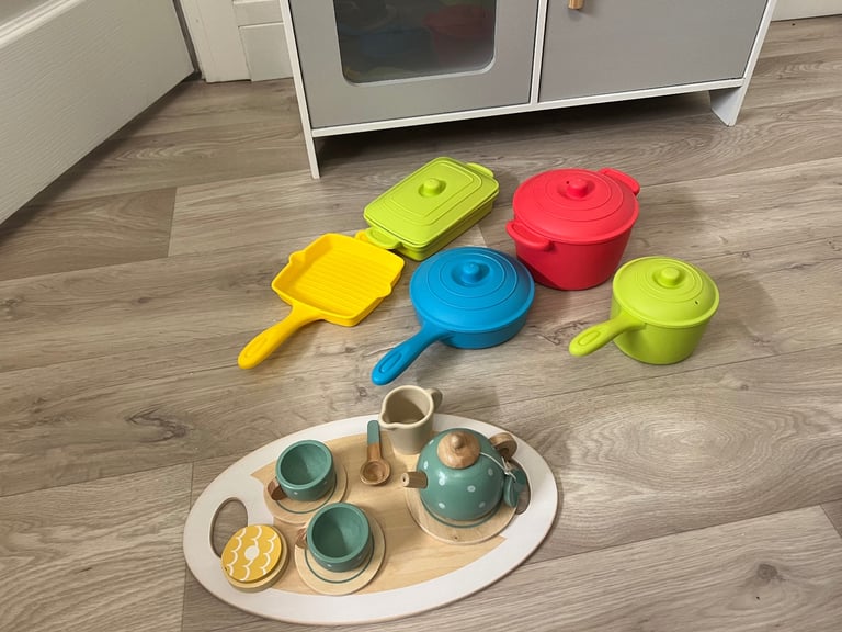 Wooden Play kitchen with cookware 