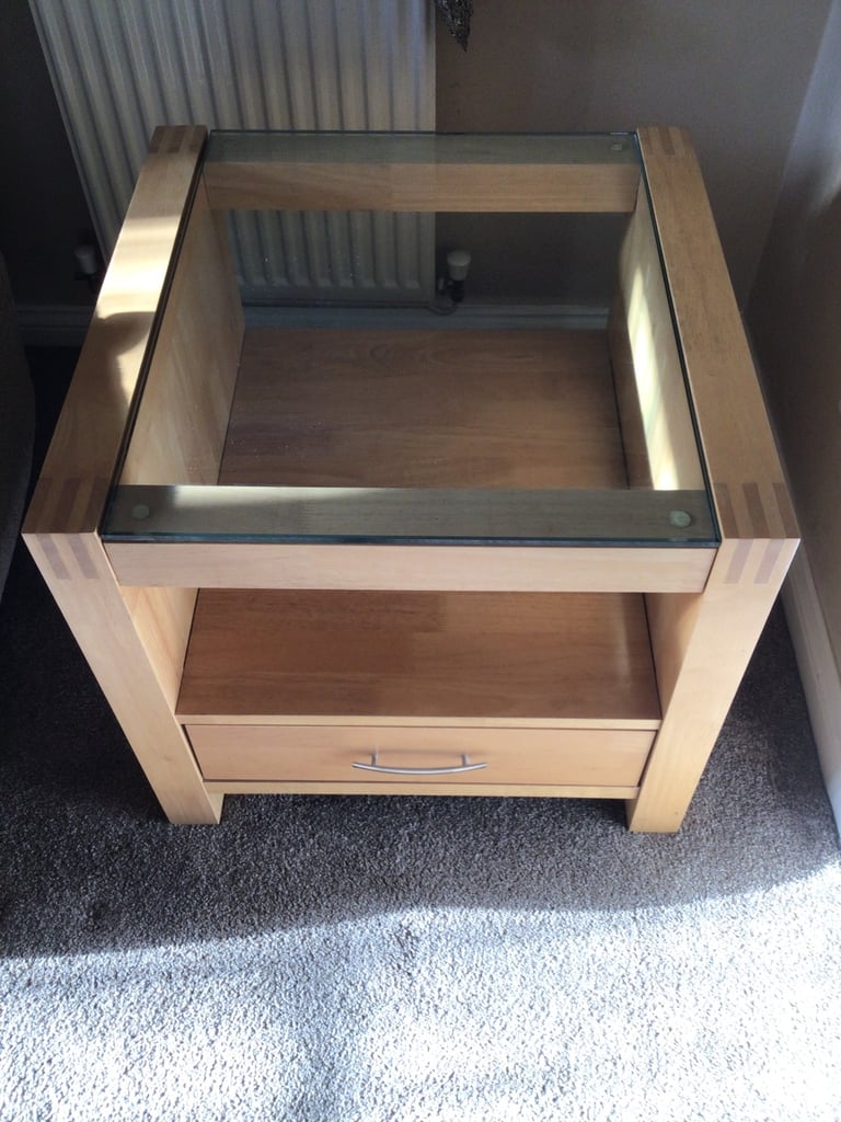 image for Maple side table with glass top and drawer.