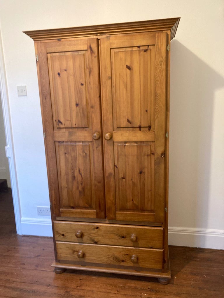 image for Solid Pine 2 Drawer Double Wardrobe - 2 Door, 2 Shelves £120