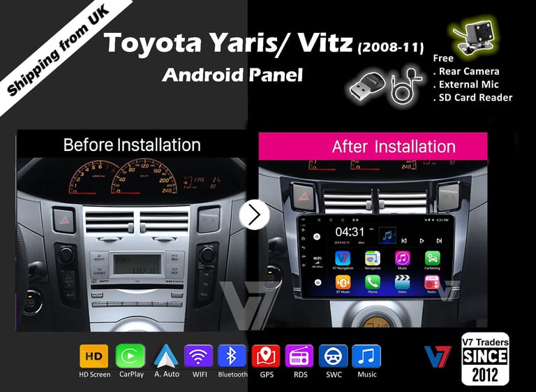 Yaris 2008-11 CARPLAY Android Auto HD Screen Head Unit GPS Stereo LCD Panel V7