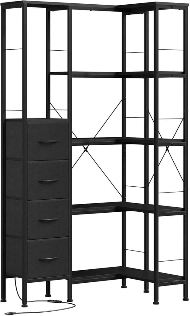 OYRREU 5-Tier Corner Bookshelf with 4 Fabric Storage Drawers