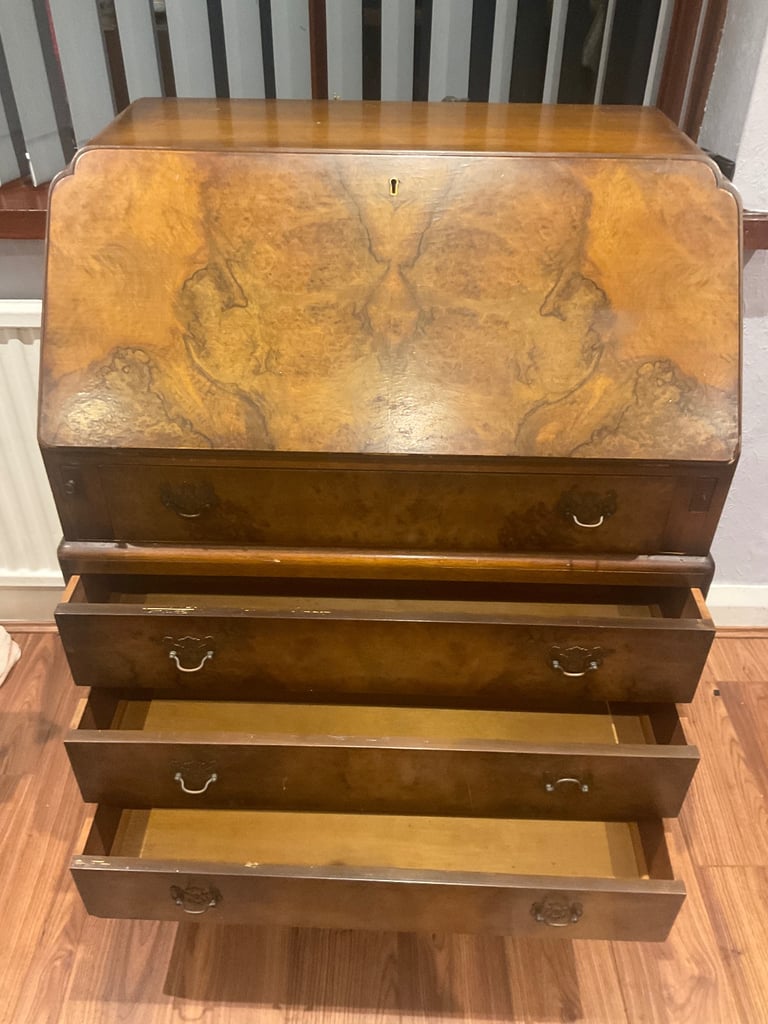 Antique writing desk Bureau, 4 drawers, compartments, writing area
