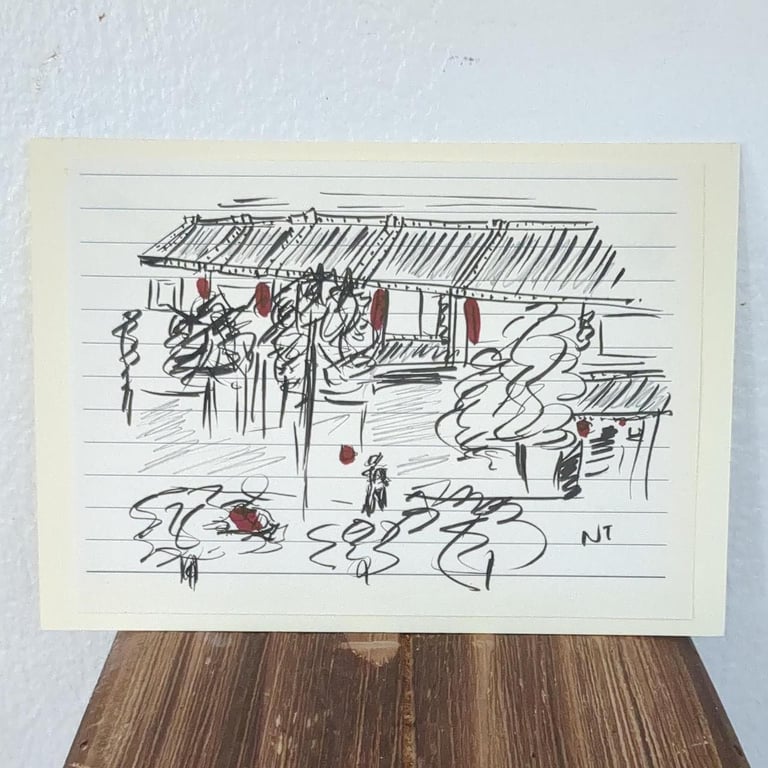 Sketch of a traditional home on a lined paper 'Chinese house with a red lantern'  