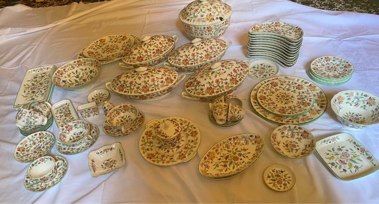 Huge job lot Minton haddon hall including rare soup server plates cups serving dishes ect