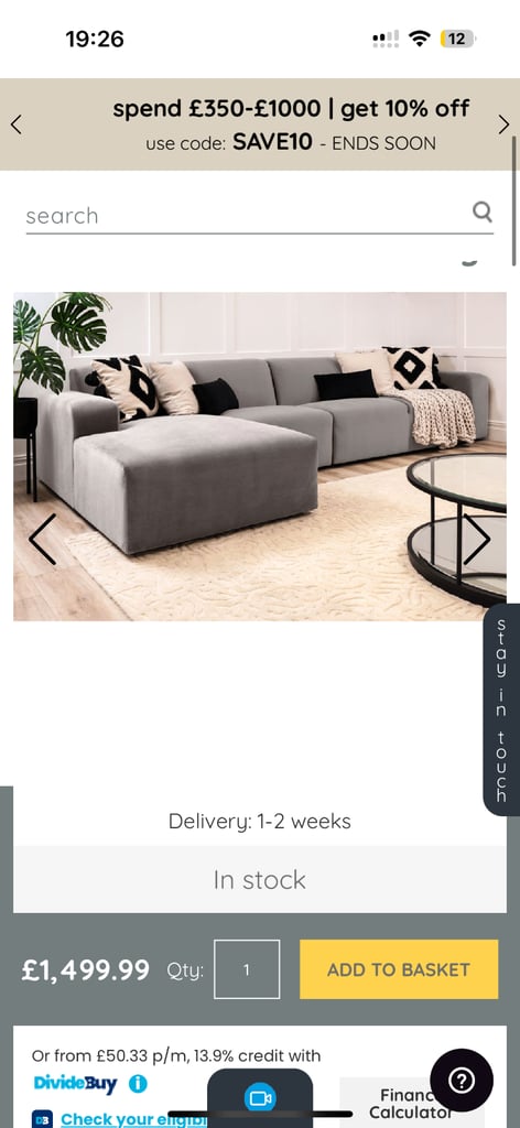 Beautiful velvet dove grey sofa 