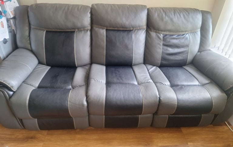 Grey and Black Leather 3 seater 2 length recliner sofa