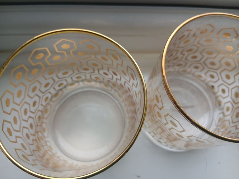 3 lettered glass tumblers with gold style patternation